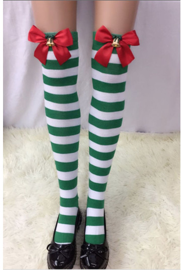 Christmas Green-white Strips Red Bowknot with Bell Maid Cosplay Stockings