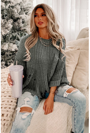 Ripped Raw Hem Chunky Pullover Sweater