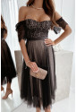Dotted Lace Mesh Off Shoulder Dress