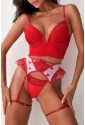 3pcs Heart Print Mesh Splice Sexy Lingerie Set