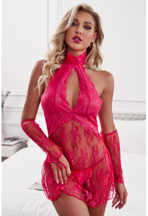 Neck Backless Lace Babydoll with Thong and Gloves