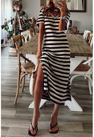 Stripe Print V Neck Maxi Dress with Side Splits