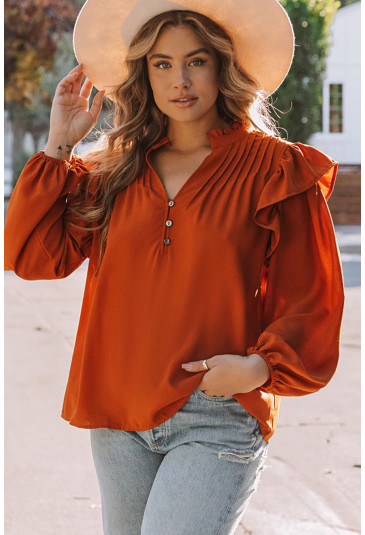 Ruffled Pleated Buttoned V Neck Blouse