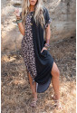 Contrast Solid Leopard Short Sleeve T-shirt Dress with Slits