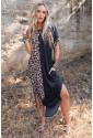 Contrast Solid Leopard Short Sleeve T-shirt Dress with Slits