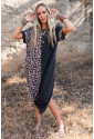 Contrast Solid Leopard Short Sleeve T-shirt Dress with Slits