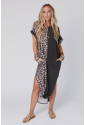 Contrast Solid Leopard Short Sleeve T-shirt Dress with Slits