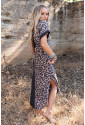 Contrast Solid Leopard Short Sleeve T-shirt Dress with Slits