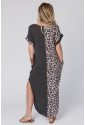 Contrast Solid Leopard Short Sleeve T-shirt Dress with Slits