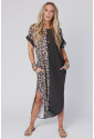 Contrast Solid Leopard Short Sleeve T-shirt Dress with Slits