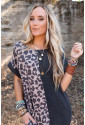 Contrast Solid Leopard Short Sleeve T-shirt Dress with Slits