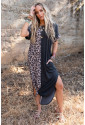 Contrast Solid Leopard Short Sleeve T-shirt Dress with Slits