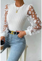 Floral Applique Mesh Sleeves Textured Knit Blouse
