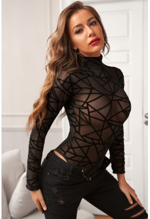 Black Sheer Mesh Geometric Velvet Bodysuit