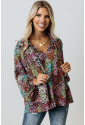 Multicolor Vibrant Floral Tie V Neck Puff Sleeve Blouse