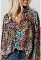 Multicolor Vibrant Floral Tie V Neck Puff Sleeve Blouse