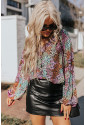 Multicolor Vibrant Floral Tie V Neck Puff Sleeve Blouse