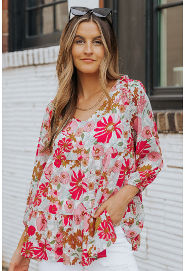 Floral Print Ruched V Neck Babydoll Blouse