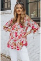 Floral Print Ruched V Neck Babydoll Blouse