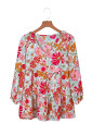 Floral Print Ruched V Neck Babydoll Blouse