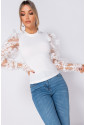 White Sheer Lace Sleeve High Neck Rib Top 