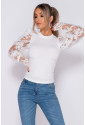 White Sheer Lace Sleeve High Neck Rib Top 