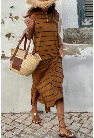 Stripe Print Open Back Sleeveless Maxi Dress with Slits