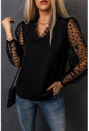 Lace Contrast V Neck Puffy Sleeve Blouse
