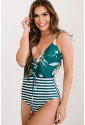 Floral and Striped Lace-up One-piece Swimwear