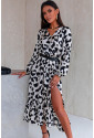 Wrap V Neck Leopard Midi Dress with Ruffled Hem