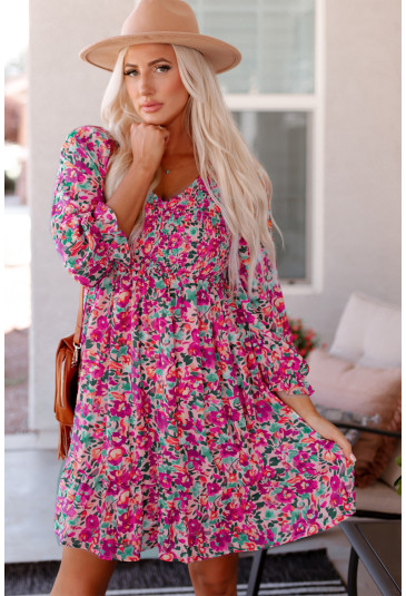 Smocked V Neck Puffy Sleeve Floral Dress