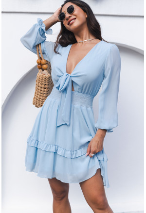 Deep V Neck Lantern Sleeve Knotted Tiered Mini Dress