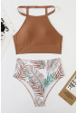 Solid Strappy Halter Bikini Printed High Waist Swimsuit