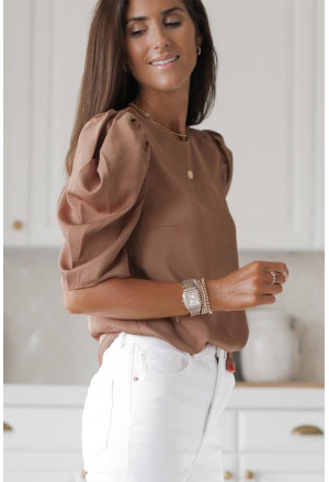 Brown Keyhole Back Puff Sleeve Crew Neck Top