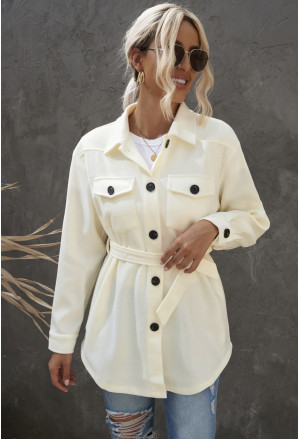 Jarný predĺžený biely kabát s opaskom