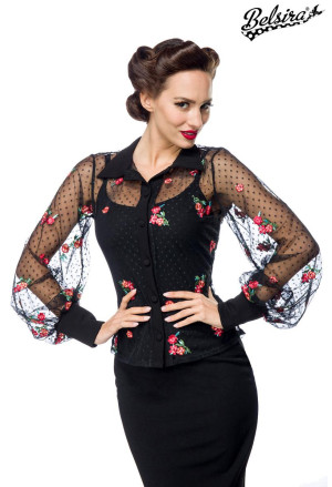 Black floral airy mesh blouse
