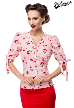 Elegant pink women retro blouse with cherries