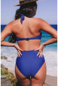 Modré jednodielne plavky s výrezmi na bokoch a odhaleným chrbtom