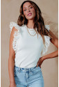 White Lace Flutter Sleeve Ruffled Ribbed Blouse
