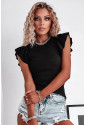 Black Rib Knitted Ruffle Sleeve U Neck Top