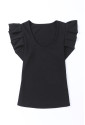 Black Rib Knitted Ruffle Sleeve U Neck Top