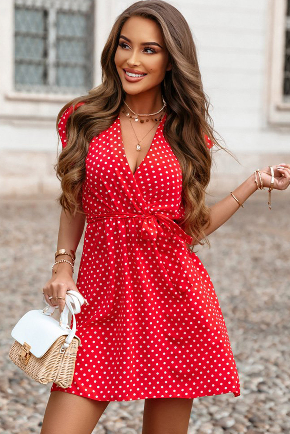 Red polka dot deals ruffle dress