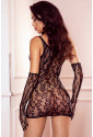 Black Lace Cutout Sleeveless Chemise with Gloves