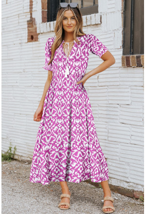 Pink V Neck Casual Geometric Print Maxi Dress