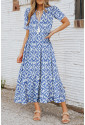 Blue V Neck Casual Geometric Print Maxi Dress