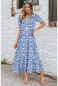 Blue V Neck Casual Geometric Print Maxi Dress