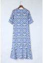 Blue V Neck Casual Geometric Print Maxi Dress