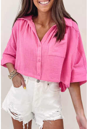 Pink Half Sleeves Crinkled Cropped Shirt