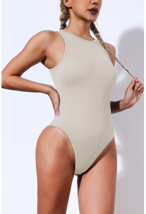 Beige Solid Color Ribbed Sleeveless Sport Romper