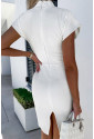 White Short Sleeve Deep V-Neck Split Bodycon Dress